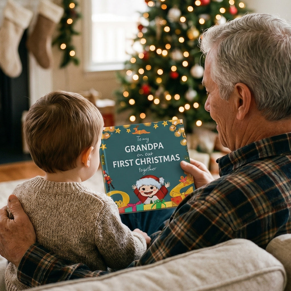 Inside page from On Our First Christmas Grandpa, a personalized holiday storybook
