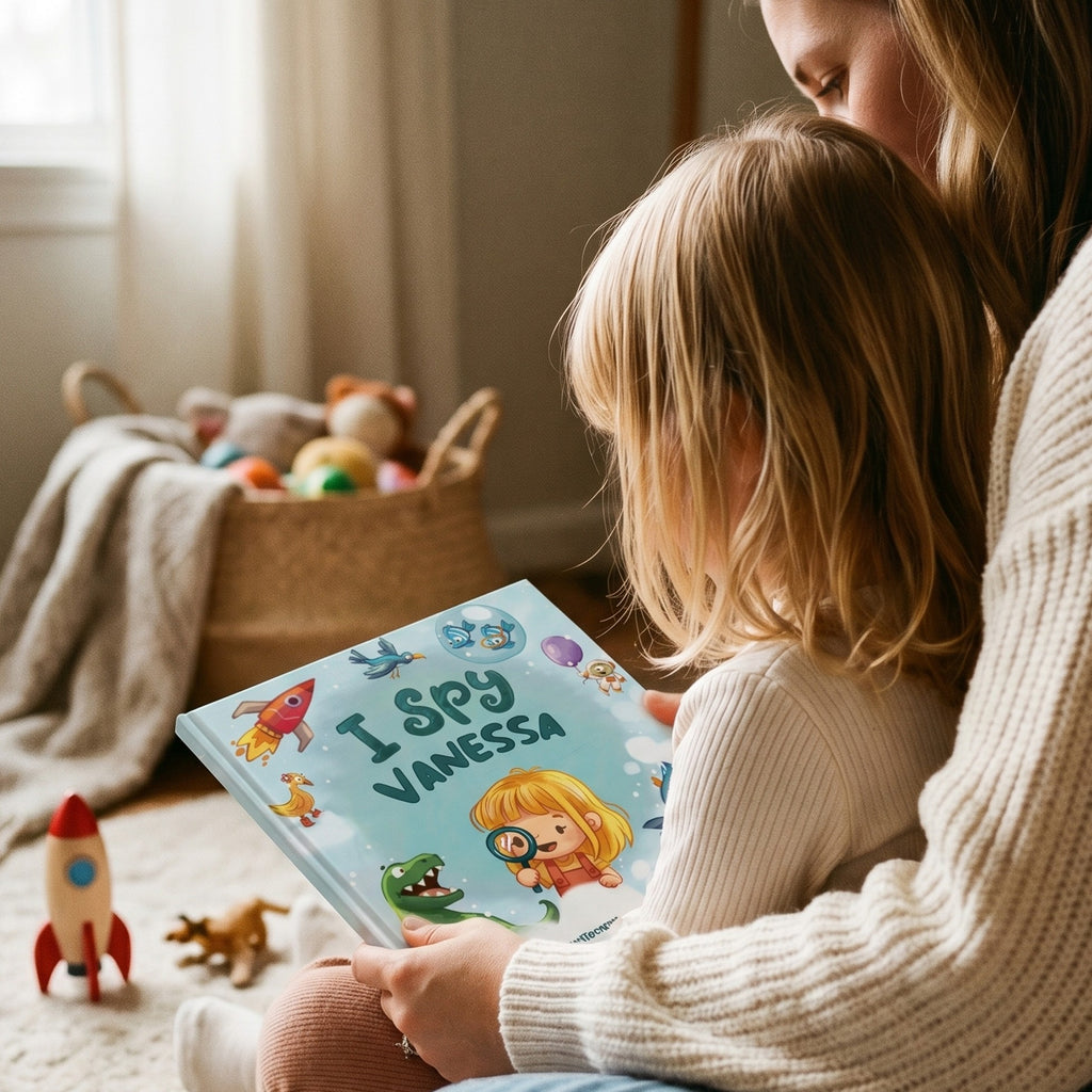 Inside page from I Spy You, a personalized illustrated adventure book