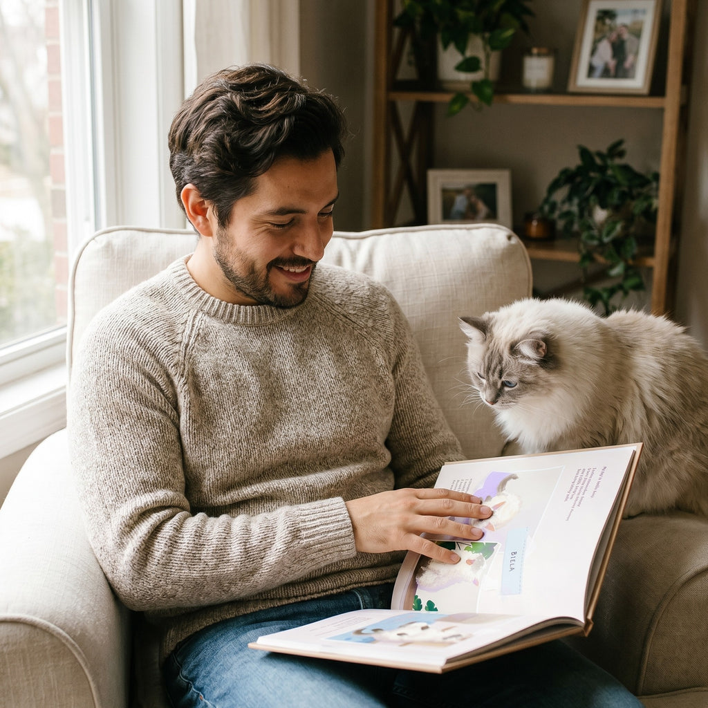 Inside page from The Life of Your Cat, a personalized illustrated adventure book