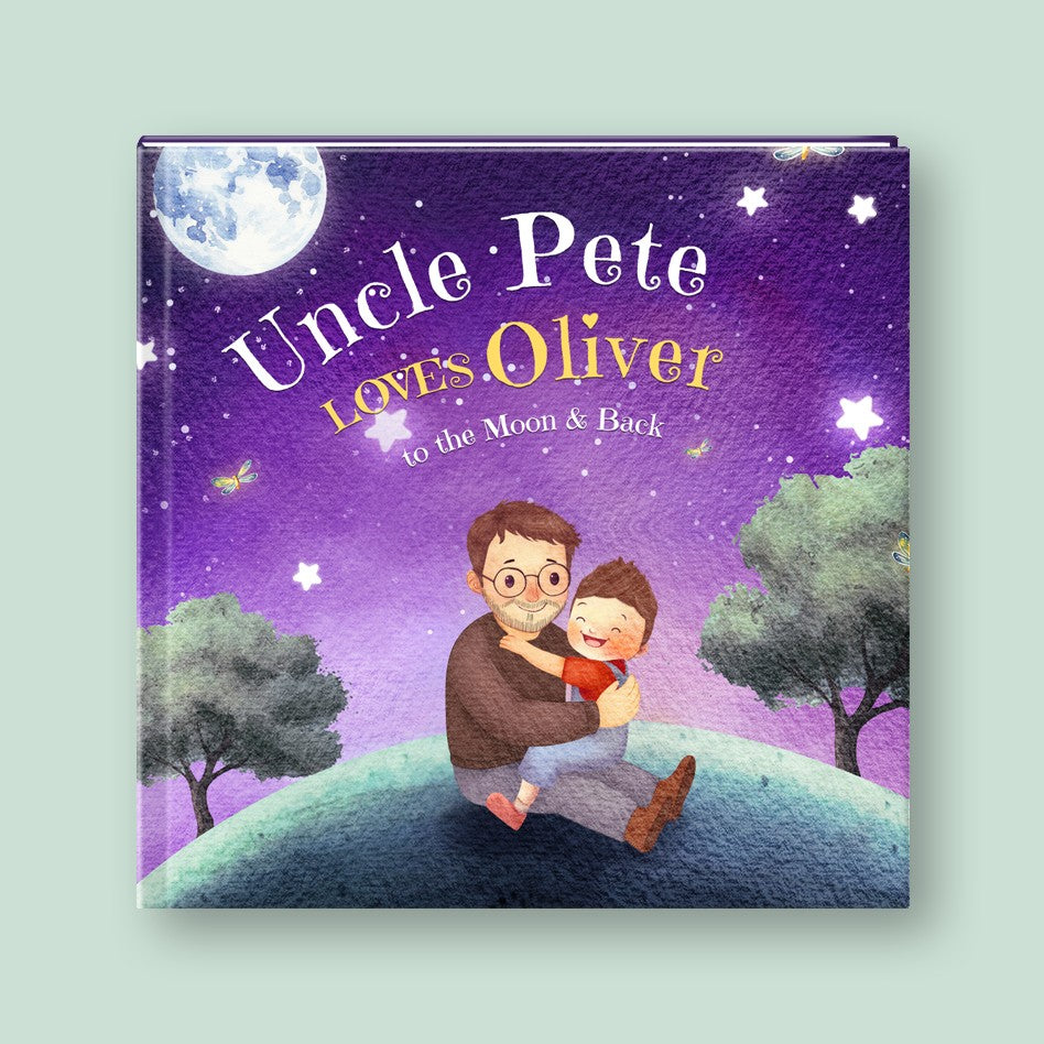 Inside page from Auntie (or Uncle) Loves Child to the moon & Back, a personalized illustrated adventure book